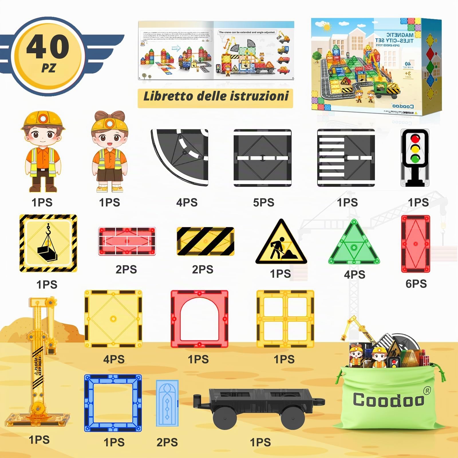 Set di Piastrelle Magnetiche con Gru Estensibile per Bambini STEM età Prescolare 4-6 5-7, Giocattoli per Costruzione di Città, Regali dai 3 Anni in Su