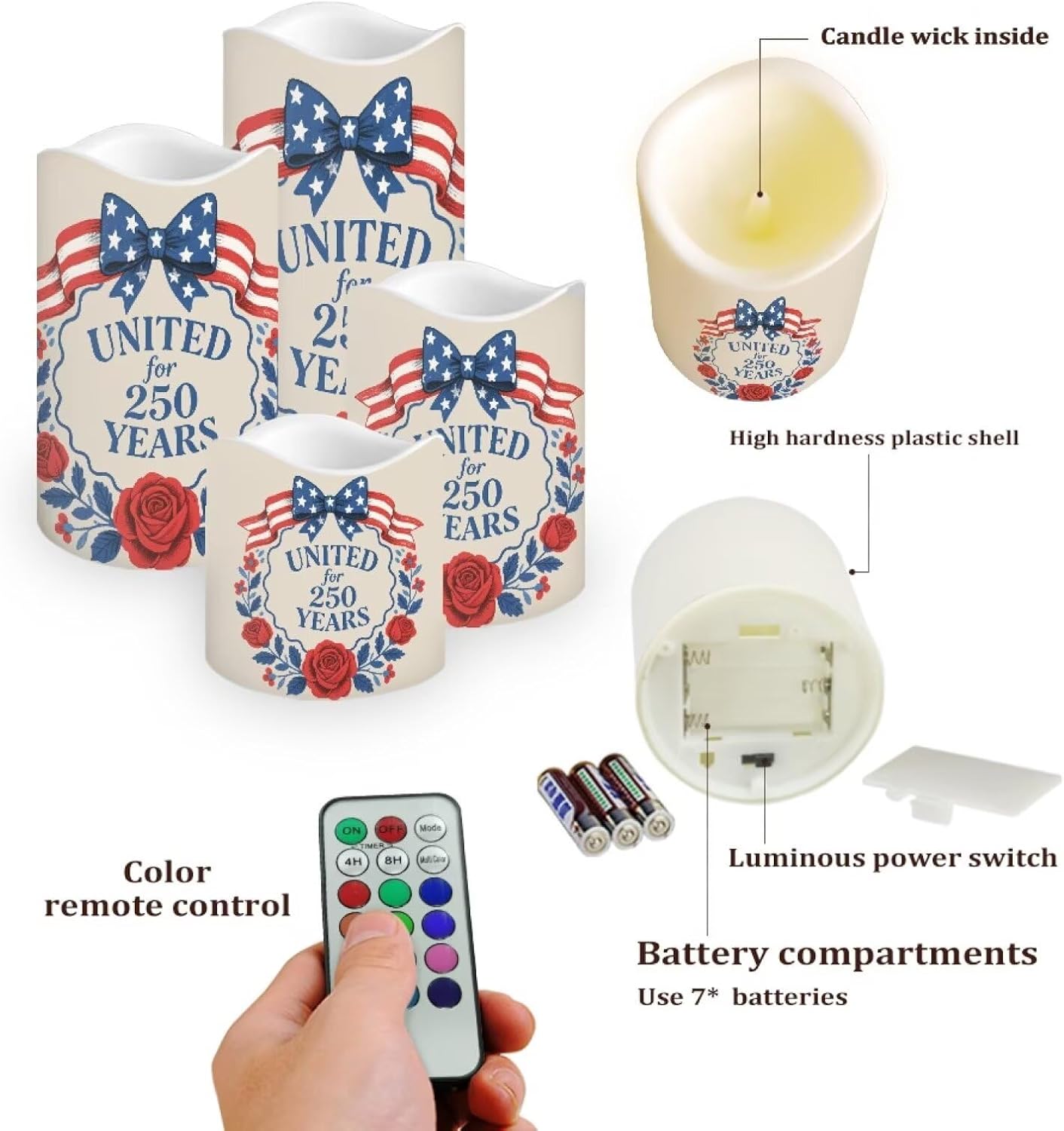 United for 250 Years Fake Candles Flowers Independence Day Battery Led Lights Fourth of July LED Flickering Remote Control Candle Decors for Patio Porch Mantle, 4 Pack