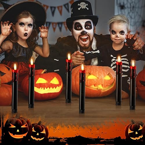Miniatura 5 de Riakrum Juego de 24 velas flotantes de goteo de sangre de Halloween, velas colgantes sin llama con cuerda remota y ganchos, funciona con pilas,