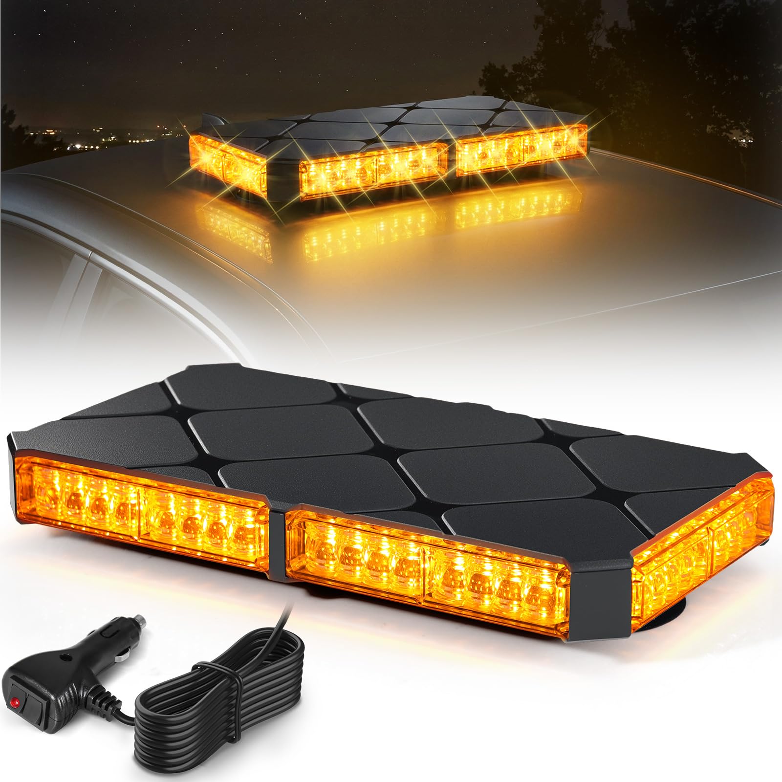 Rampe Gyrophare LED Magnétique 12V 24V, Orange, 48 LEDs, IP67 | Base Aimantée 130 km/h, Câble 4,8m, 16 Motifs Stroboscopiques, Patin Anti-Rayures, pour Utilitaires et Chantiers