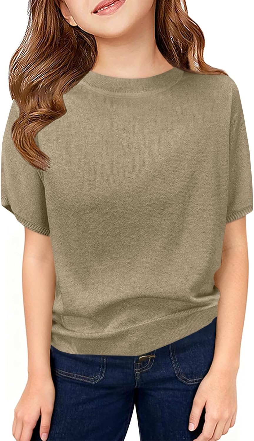 ZDC Girls Spring Sweater Kids Short Sleeve Summer Knit Lightweight Cute Tops School Shirt 5-14 Years