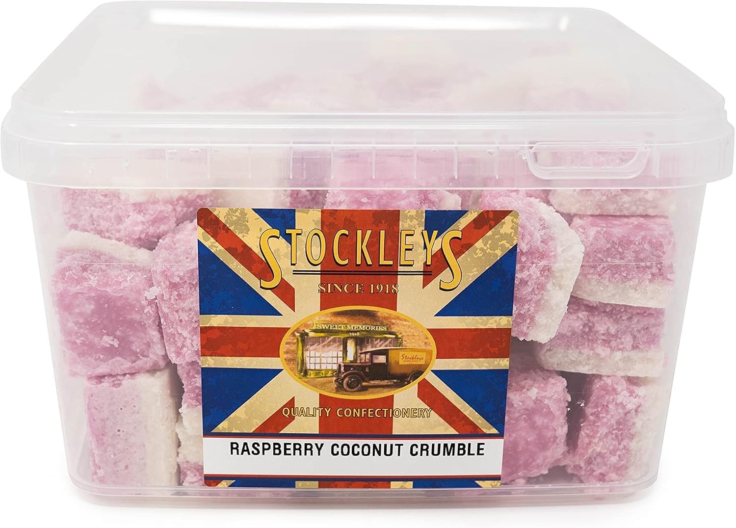 Stockley's Raspberry Coconut ICE Sweets Tub - Bulk Buy 2 kg - Old Fashioned Sweet Shop Weigh Out Tub with Lid