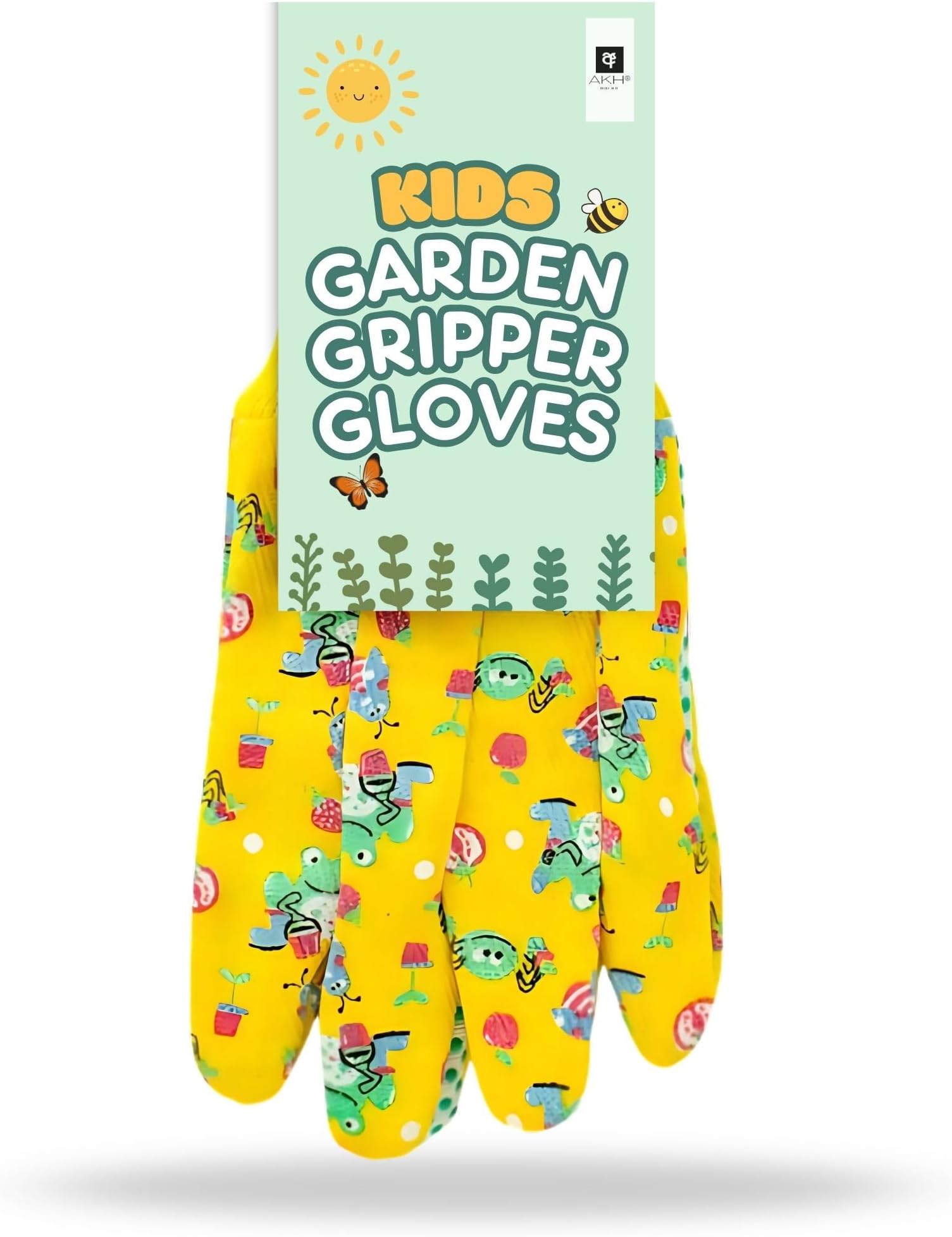 AKH® Kids Garden Gloves | One Size Age 3+ | Children's Gardening Gloves | PVC Grip Dots Featured Palm | Yellow Colour Design Gloves For Unisex Girls, Boys | Hand Protection Garden Work Gloves