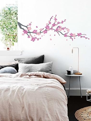 Miniatura 2 de Calcomanía de vinilo grande con ramas de cerezo japonés para decoración de habitación de niñas (marrón claro, rosa claro, blanco, 24 x 60 pulgadas)