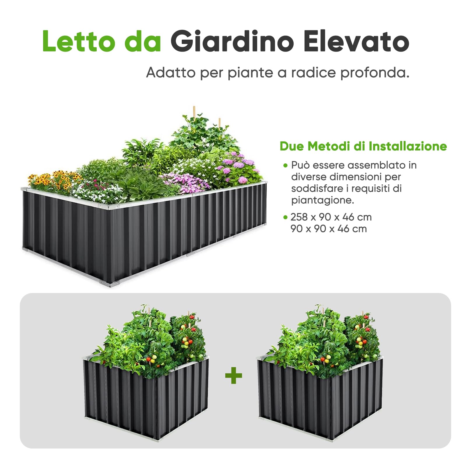 KING BIRD Orto RiAlzato in Metallo Galvanizzato, Fioriera Esterna per Verdure, Erbe, Fiori, 258x90x46cm, Verde Scuro