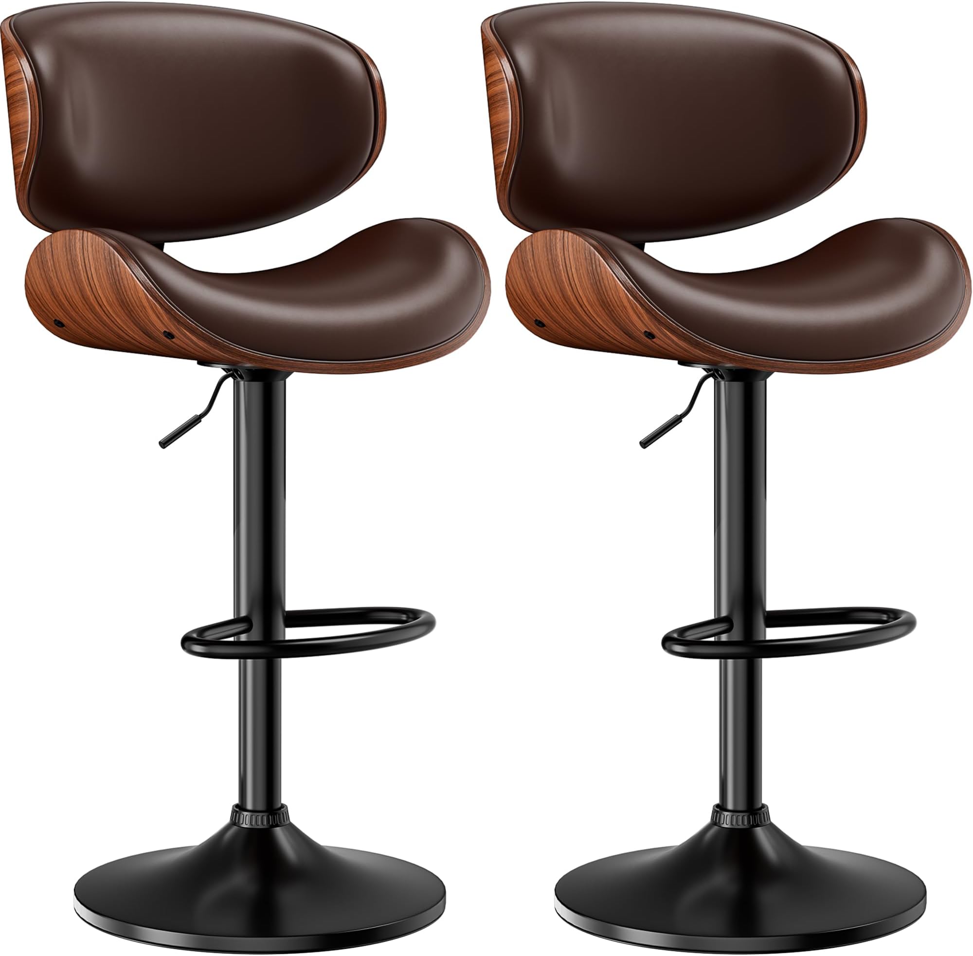 - Bar Stools Set of 2, Adjustable Swivel Leather Bar Stools for Kitchen Island, Mid Century Modern Counter Height Bar Chairs Barstools with Back & Footrest (Brown)