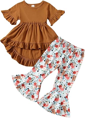 Toddler Girl 2Pcs Spring Outfits, Short Sleeve Ruffle Tops + Floral Flare Pants Set