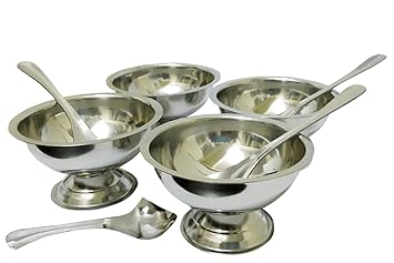 Dynore Stainless Steel Set of 8 Ice-Cream Cups with Ice Cream Spoon - 4 Piece Each