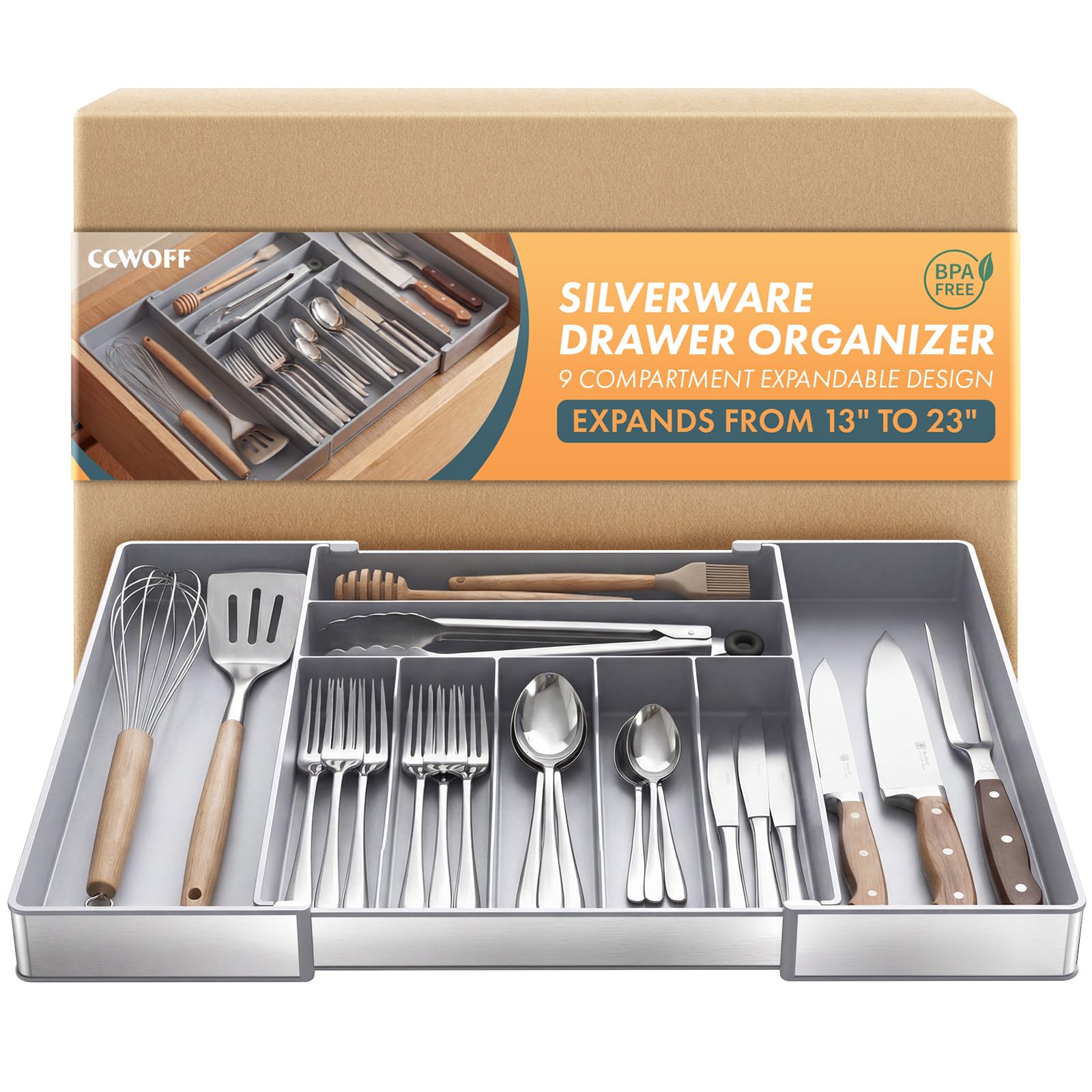 Heavy Duty Stainless Steel Frame Silverware Organizer with Plastic Body, Extra Large Silverware Drawer Organizer, 9 Slot Expandable Kitchen Drawer Organizer, 8 Non-Slip Feet Included, BPA Free, Gray