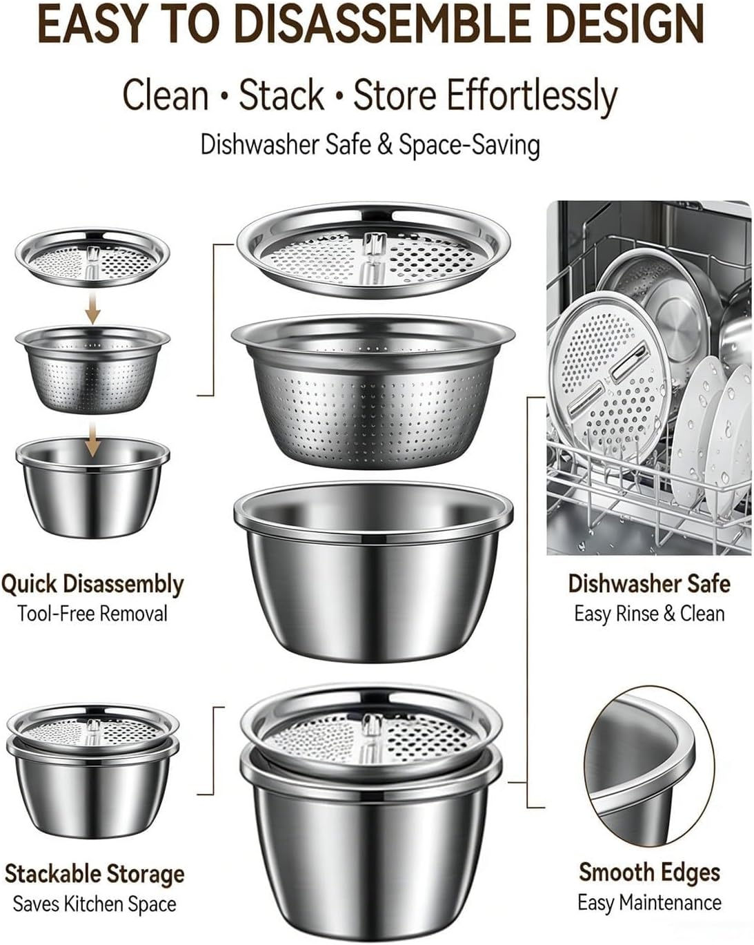 Germany Multifunctional Stainless Steel Basin, 5 in 1 Shredding and Drainage Shredder Chopping Bowl, 3 Piece Grater Strainer and Mixing Bowl, Vegetables Fruits Drain Basket, Colander Food(10.2IN)