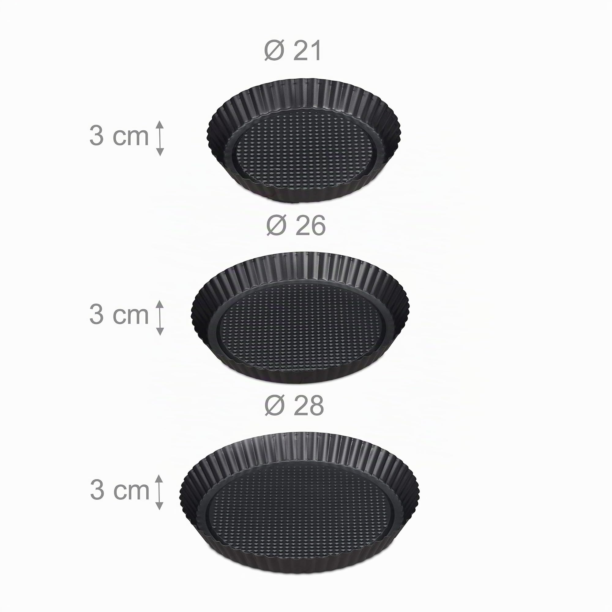 Relaxdays Set 3 Teglie per Dolci, Varie Misure Ø 21/26/28 cm, Antiaderente, Tortiere per Crostate & Torte, Antracite