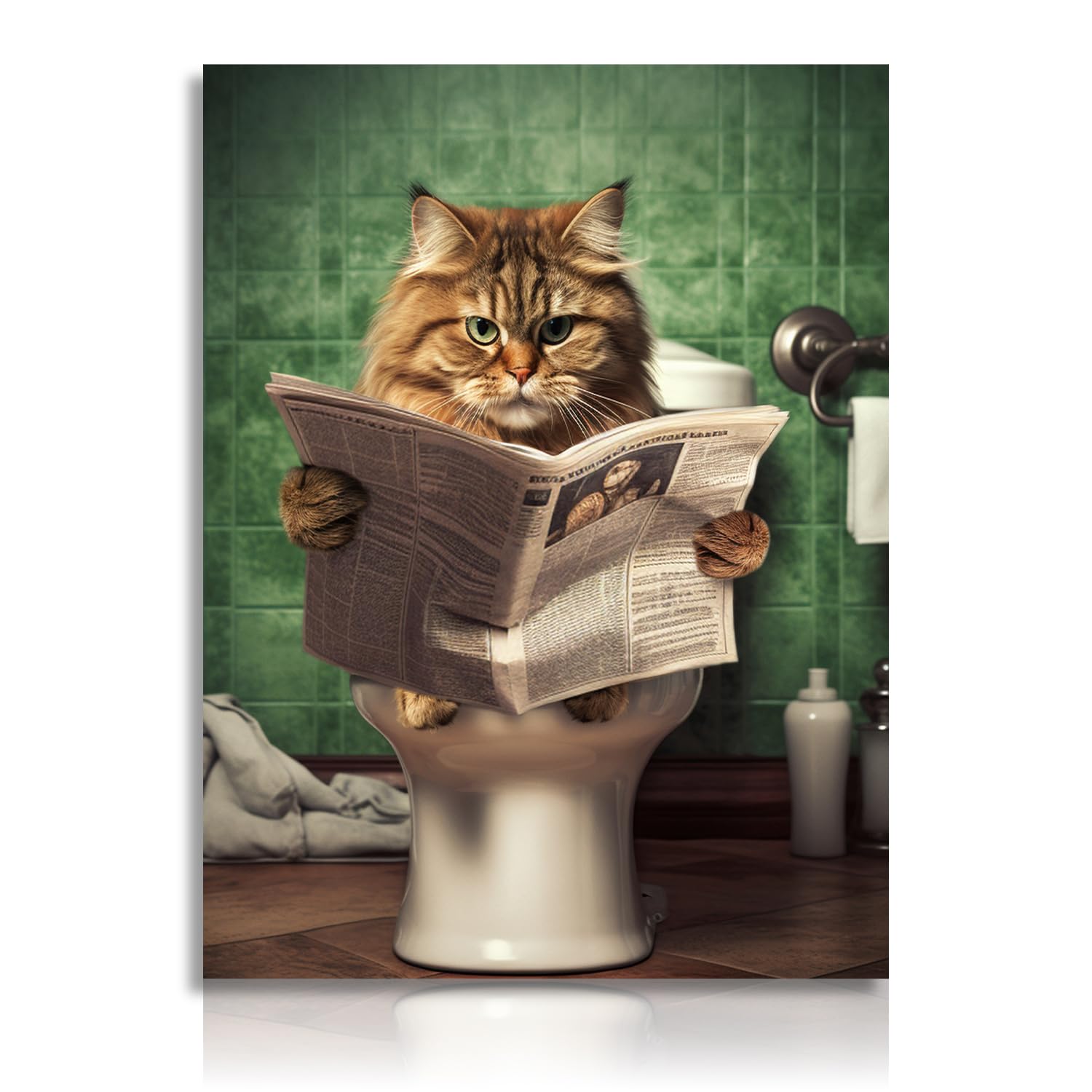 Dazzlewall Funny Cat Wall Art Poster Cat on Toilet Read Newspaper, Vintage Humor Wall Picture for Bathroom Toilet Decor 12x16 in Unframed