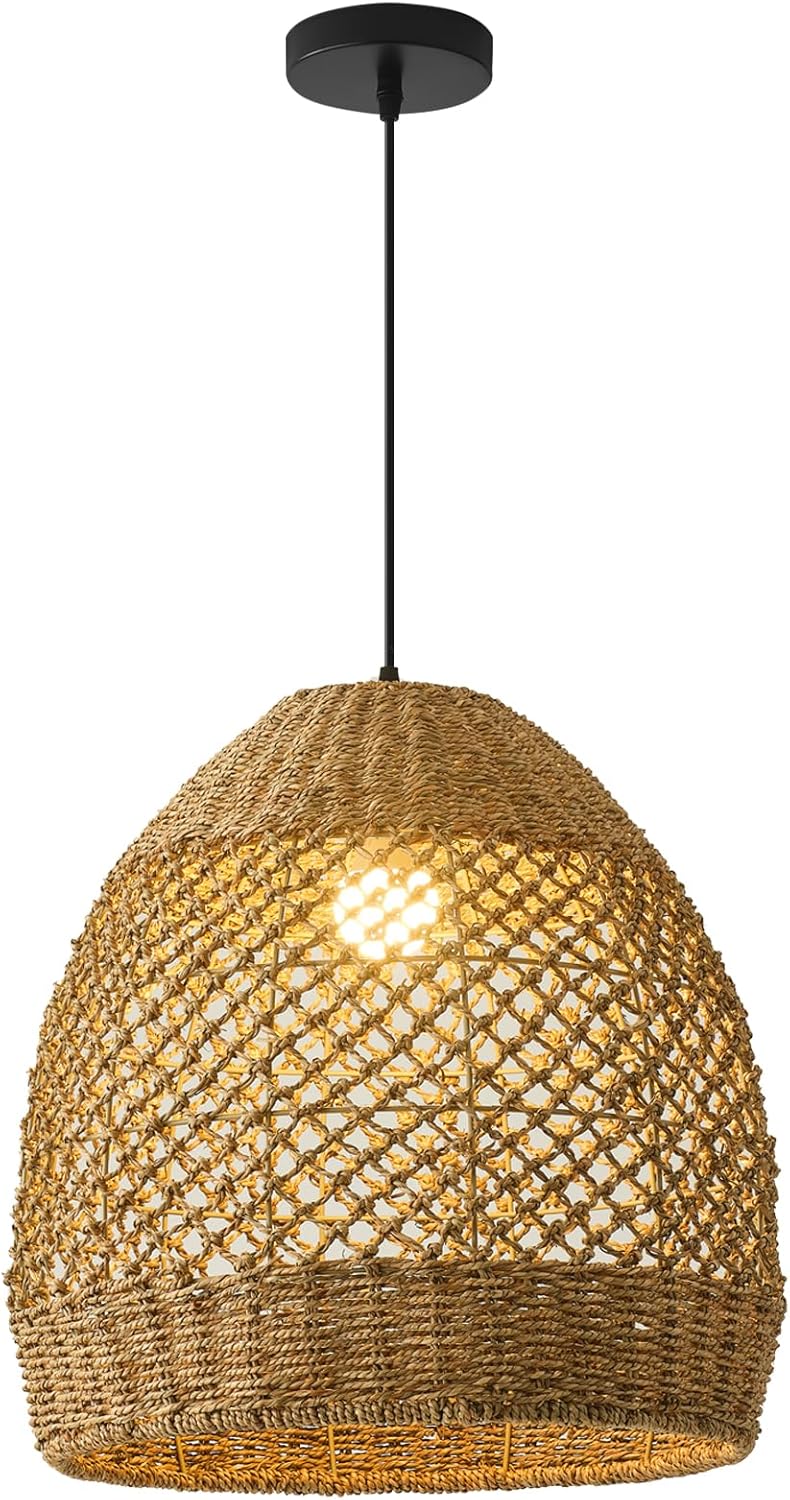 13.77" Rattan Pendant Light,Rustic Hand-Woven Wicker Hanging Light Water Plants Rattan Chandelier for Dining Living Bedroom Kitchen Farmhouse