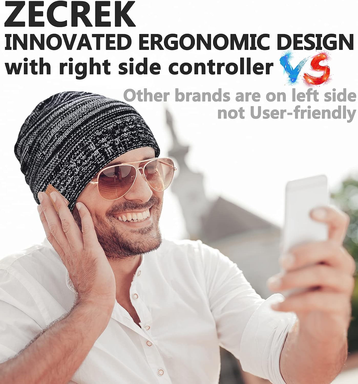 Person wearing Bluetooth beanie with control panel visible