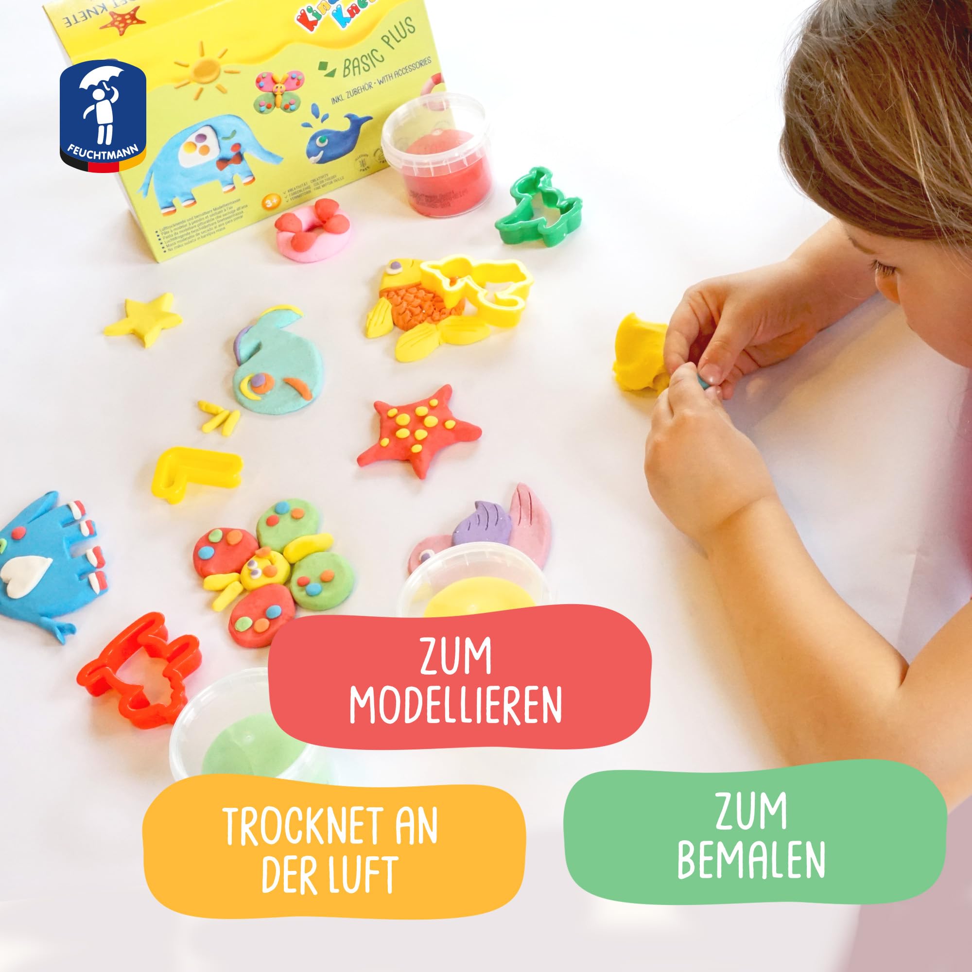 Feuchtmann Kids Soft Knete Basic Plus – 6 x 150 g miękka plastelina dla dzieci z akcesoriami, nietoksyczna, wegańska i bezglutenowa, susząca na powietrzu masa plastelinowa w zestawie do kreatywnej