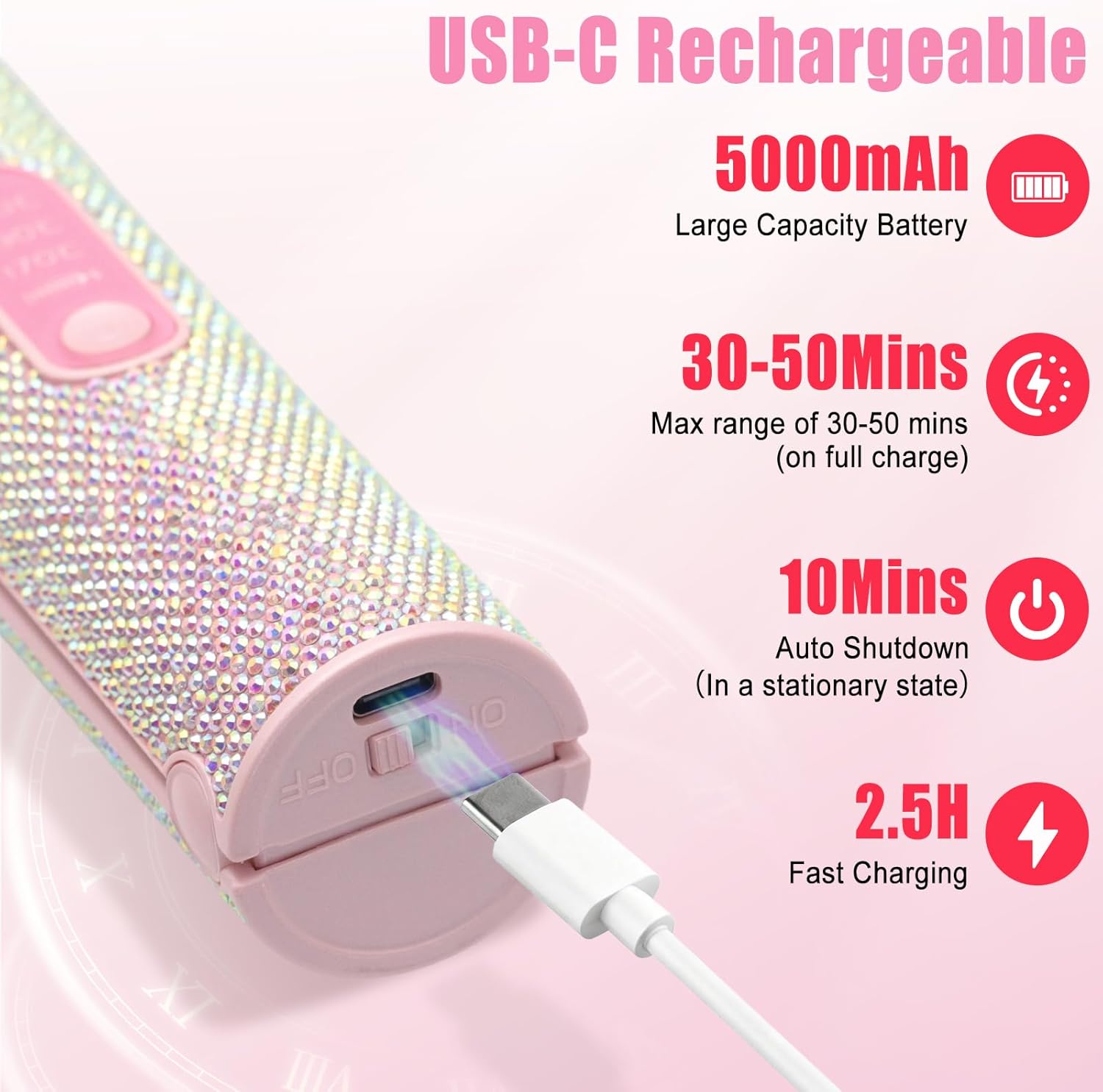 2-in-1 Cordless Hair Straightener Curler, Pink Rhinestone Mini Wireless Titanium Flat Iron, 5000mAh USB-C Rechargeable, 2S Fast Heating, Up to 410°F, Portable Styling Tool (FCC Certified)