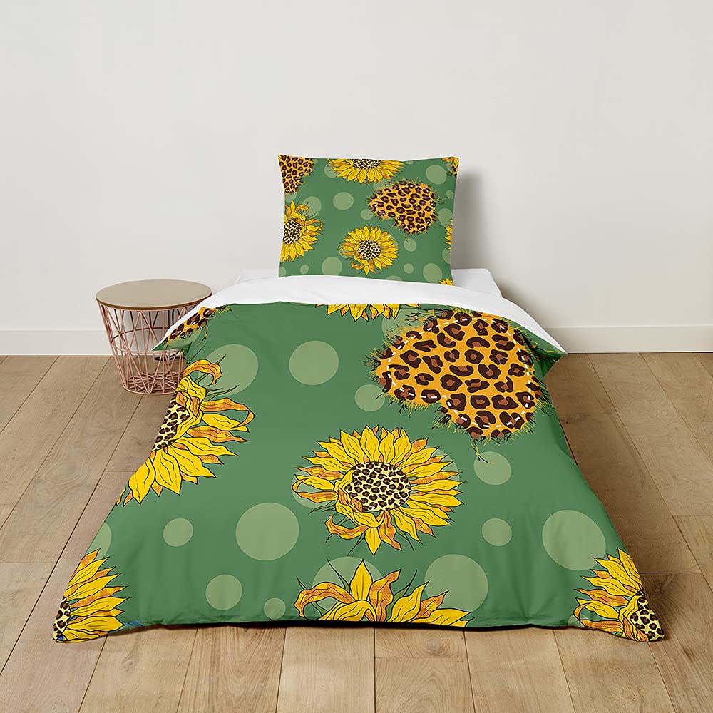 FANSU Kids Girls Boys Duvet Cover 2 Piece Bedding Set, 3D Sunflower Print Children Quilt Cover & Pillow Set for Nursery Toddler Cot Single Size Bed (Green,120x150cm+40x60cm)