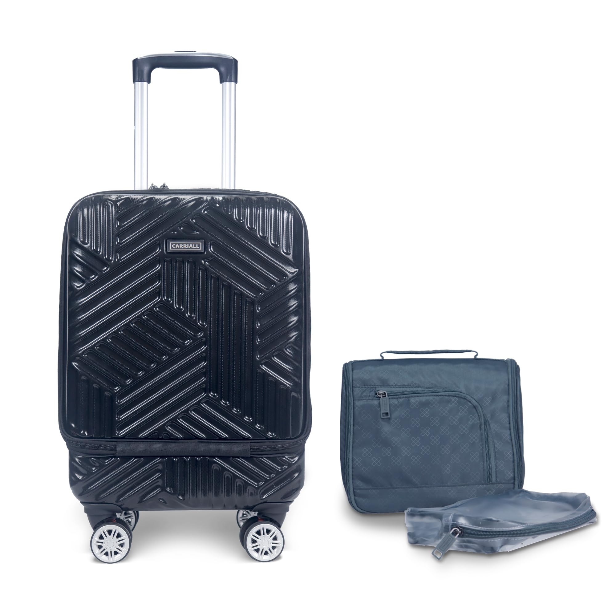 CarriallSmart Black Trail Polycarbonate Small Luggage Bag for Travel | Suitcase/Trolley/Cabin Bag with USB Charging Port | 8 Spinner Wheels, Anti Theft & Inbuilt Weighing Scale | for Men & Women