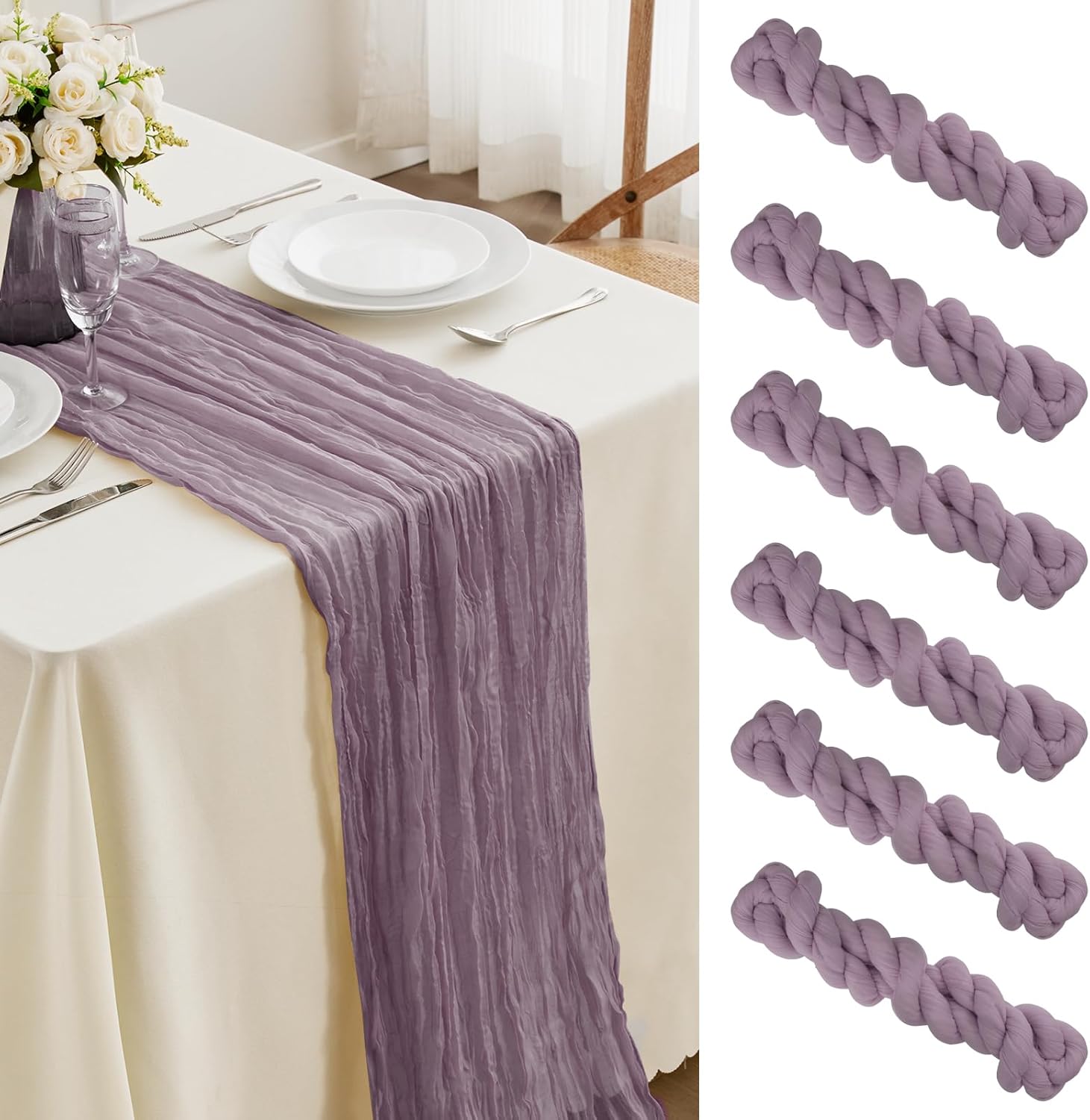 6PCS Mauve Purple Cheesecloth Table Runner-13.3Ft Boho Gauze Cheese Cloth Table Runner 35x160 Inch Long Romantic Sheer Table Runner for Wedding Bridal Baby Shower Birthday Party Table Decoration Mauve Purple 6
