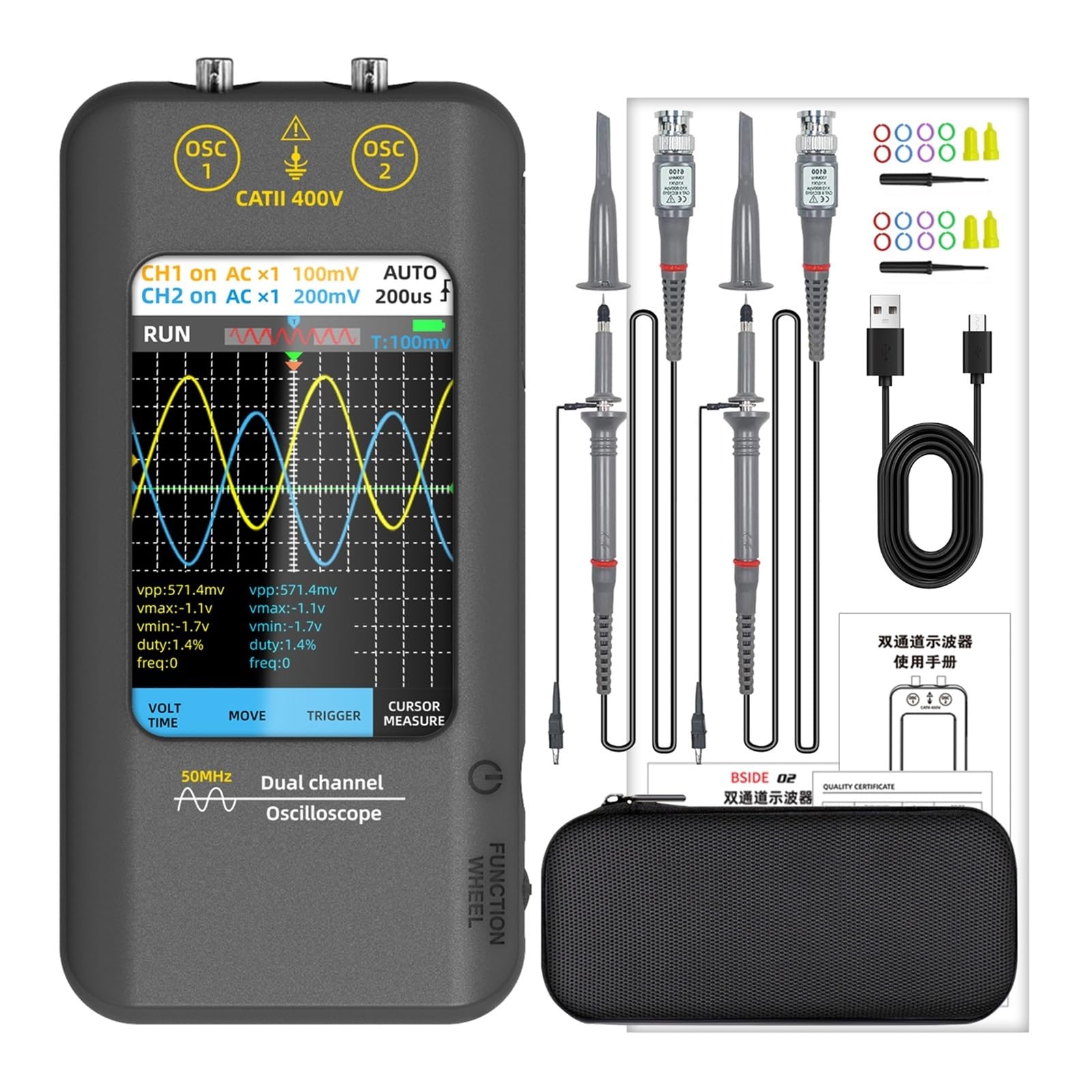 Oscilloscope numérique tactile et générateur de signal double canal 50 MHz kit outils O2