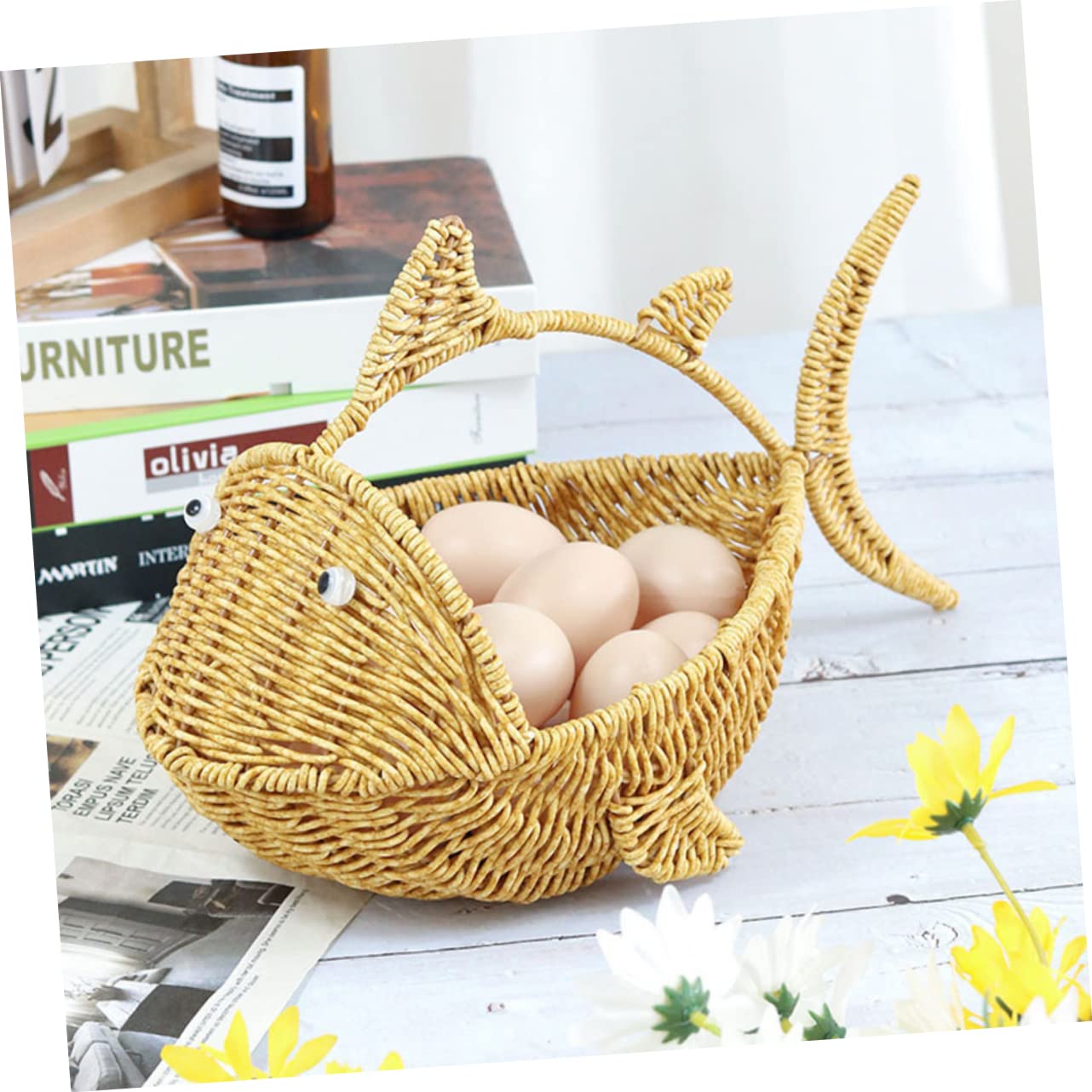 VICASKY Cesto Intrecciato in Plastica Porta Frutta Motivo a Pesce, Base Piatta e Stabile, Contenitore Decorativo per Snack e Verdura, Adatto per Cucina e Sala da Pranzo