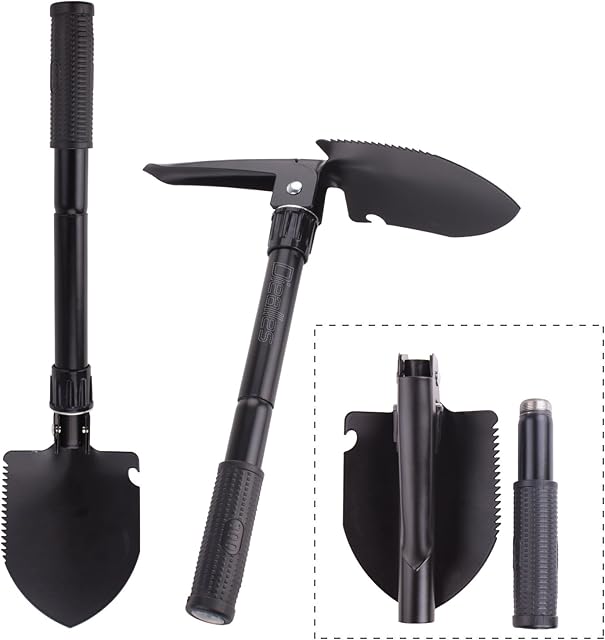 Diealles Military Folding Shovel, Multifunctional Mini Foldable Shovel Survival Spade Entrenching Tool with Carrying Pouch for Camping, Hiking, Trekking, Gardening,Fishing,Backpacking (17×11.5 cm)
