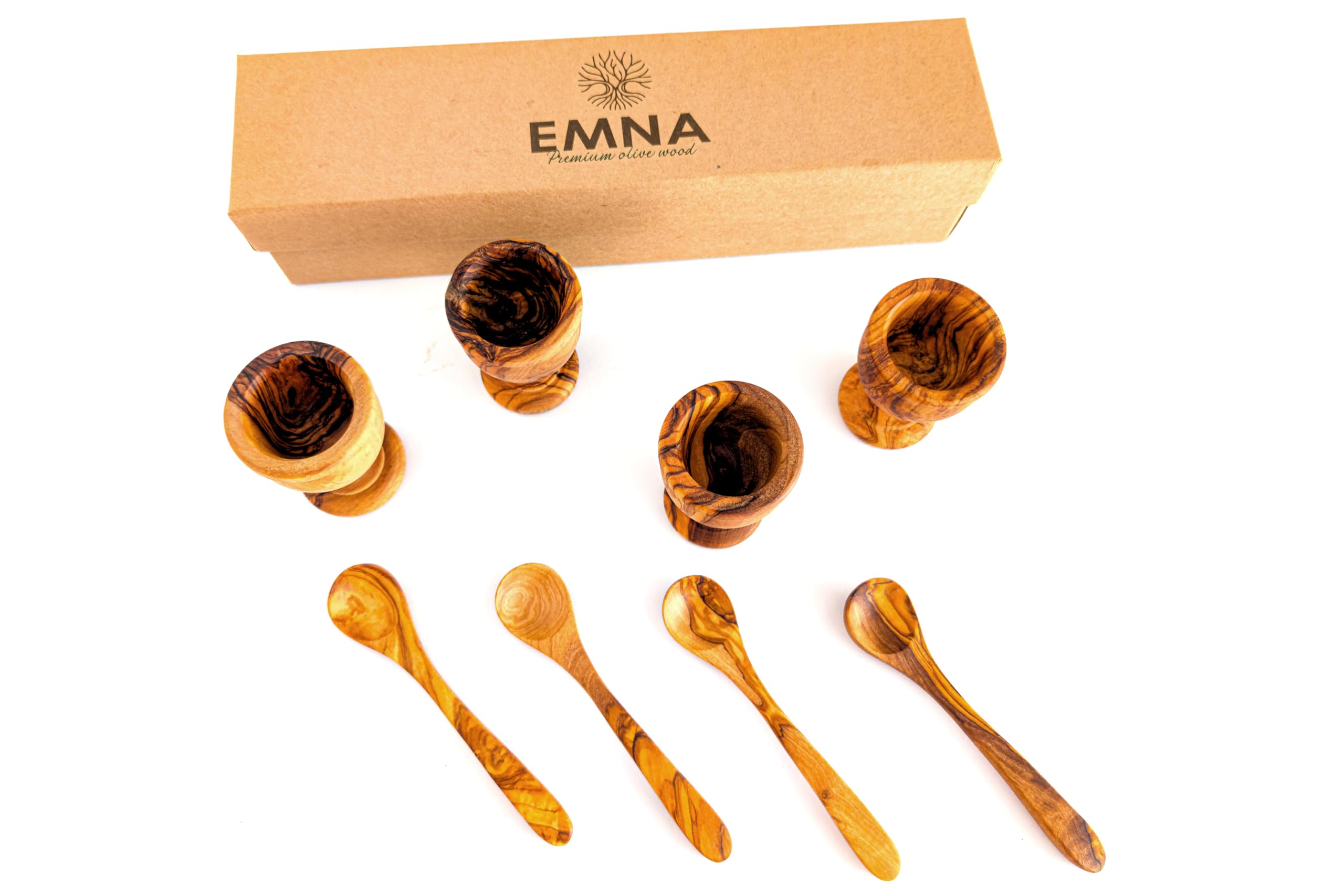 EMNA Lot de 8 coquetiers en bois d'olivier - 4 coquetiers tournés à la main et 4 cuillères en bois - Idée cadeau élégante pour Pâques et Noël - Coffret cadeau exclusif avec certificat d'authenticité