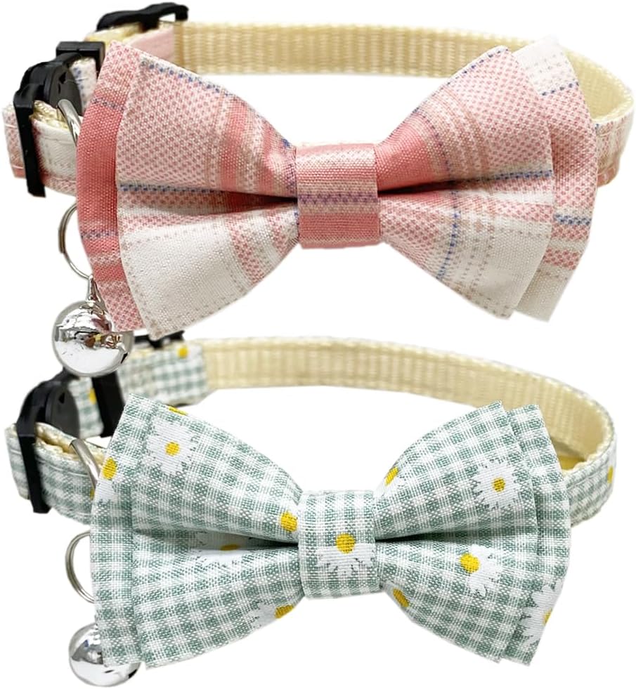 Plaid Cat Collar with Bow Tie Bell Breakaway Daisy Kitten Collars Adjustable with Removable Bowtie 2 Pack Flower Safety Collar for Spring Summer Autumn Pink & Blue