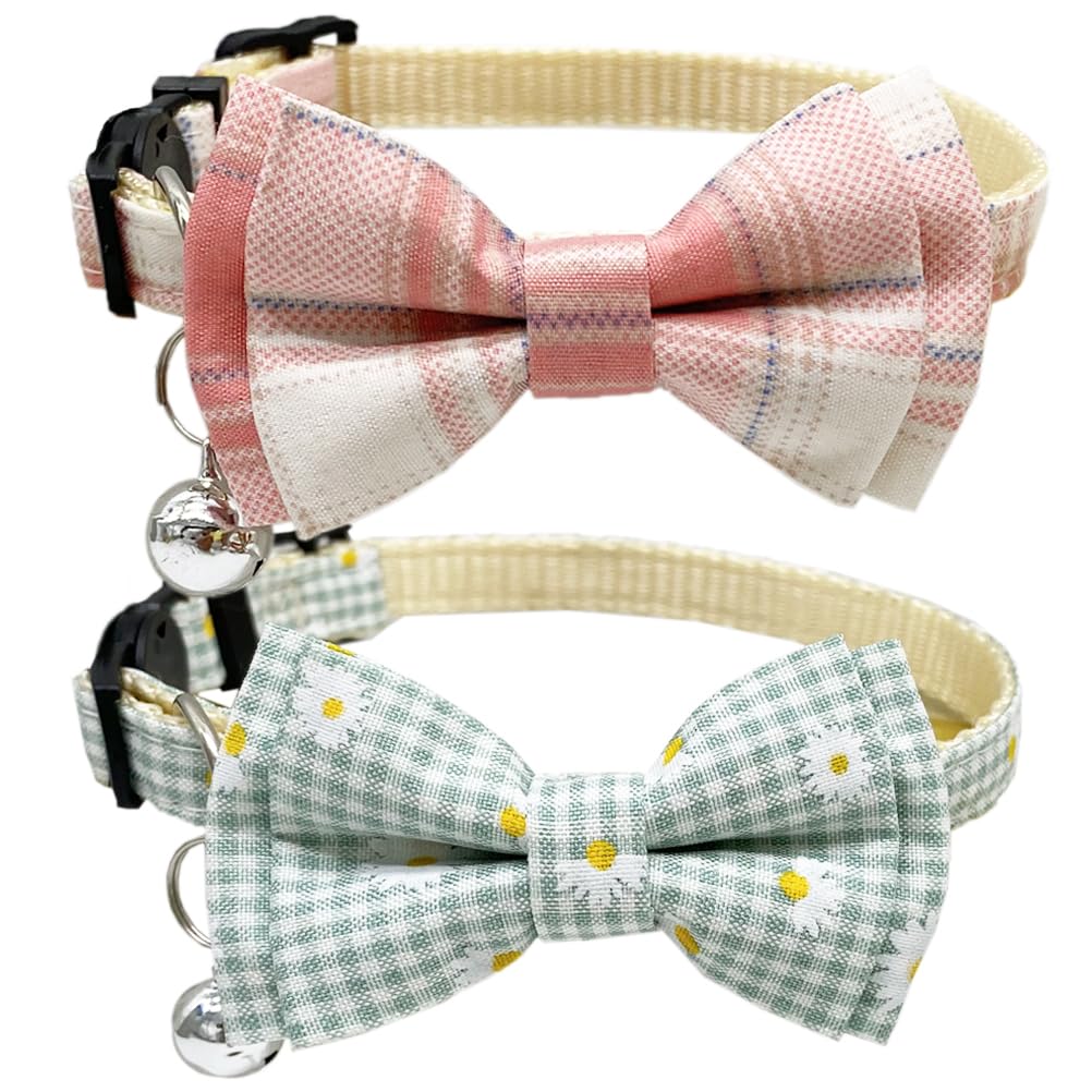 Collar de gato con pajarita ajustable y cascabel (pack de 2 flores azul y rosa)