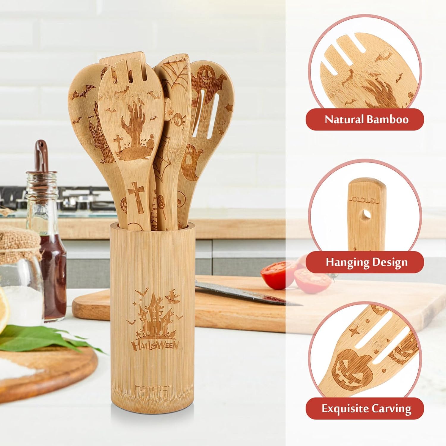Hemoton 6pcs Halloween Cooking Utensils, Wooden Spoons for Cooking with Castle, Pumpkin, Ghost Patterns, Kitchen Bamboo Spoons for Halloween Party Decoration House