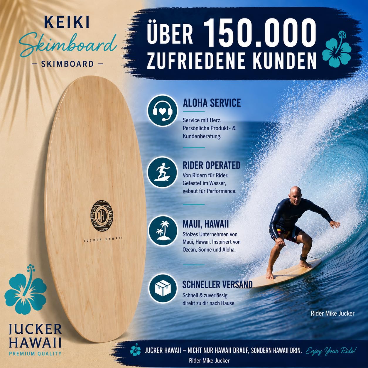 JUCKER HAWAII Skimboard KEIKI 90 cm | 5-lagiges Holz, Für Kinder & Erwachsene (25–90 kg), Anfänger & Fortgeschrittene, Für Meer, See & Fluss