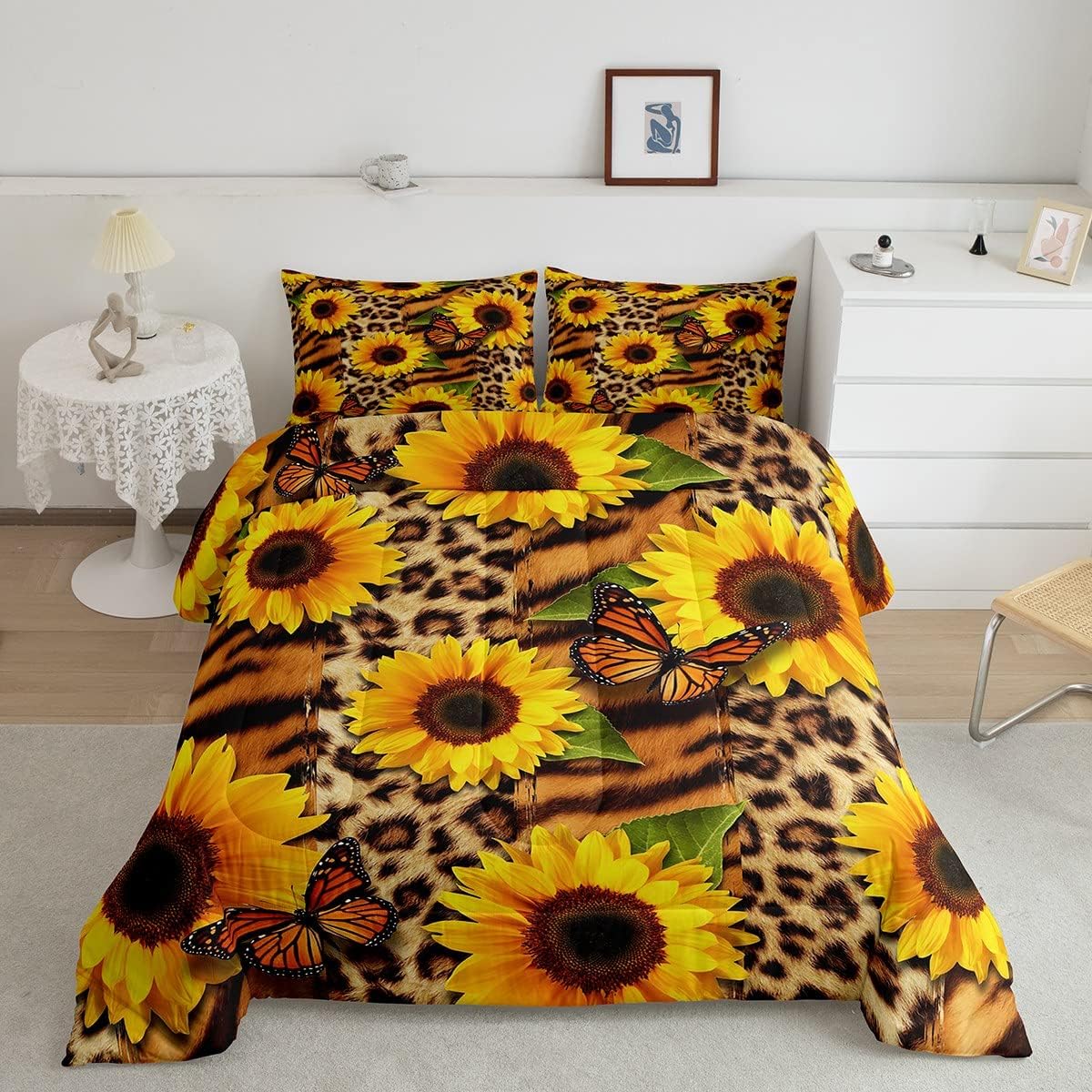 Brown Leopard Print Comforter Set Queen Size Sunflower Butterfly Bedding Set 3pcs for Kids Teens Room Decor,Plant Animal Quilt Set Soft Breathable Duvet Insert with 2 Pillowcases