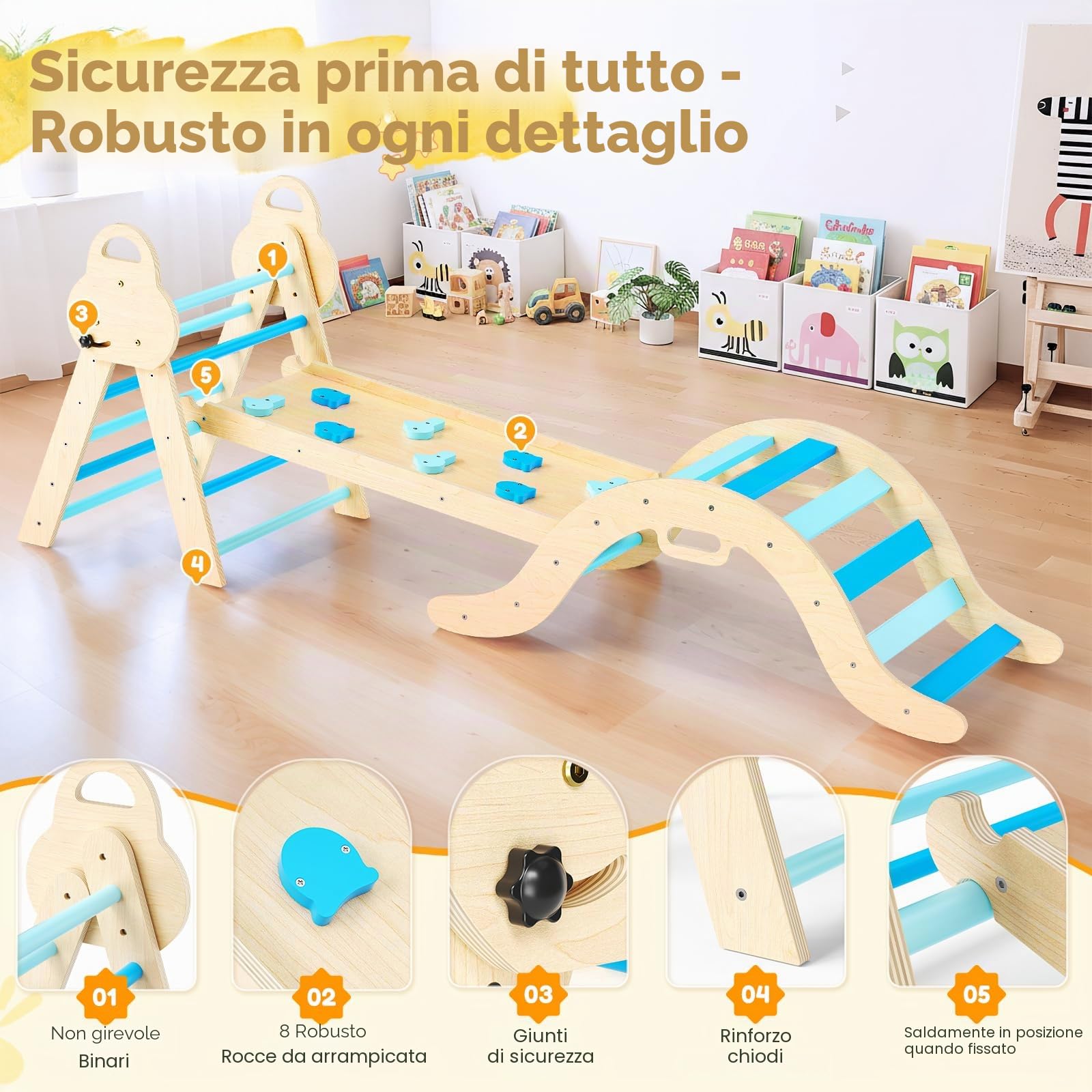 7 in 1 Arco montessoriano per Bambini,Set da Arrampicata Montessori con Cuscino,Giocattoli da Arrampicata per Interni,Ideale per Bambini 1 Anni +（Blu）