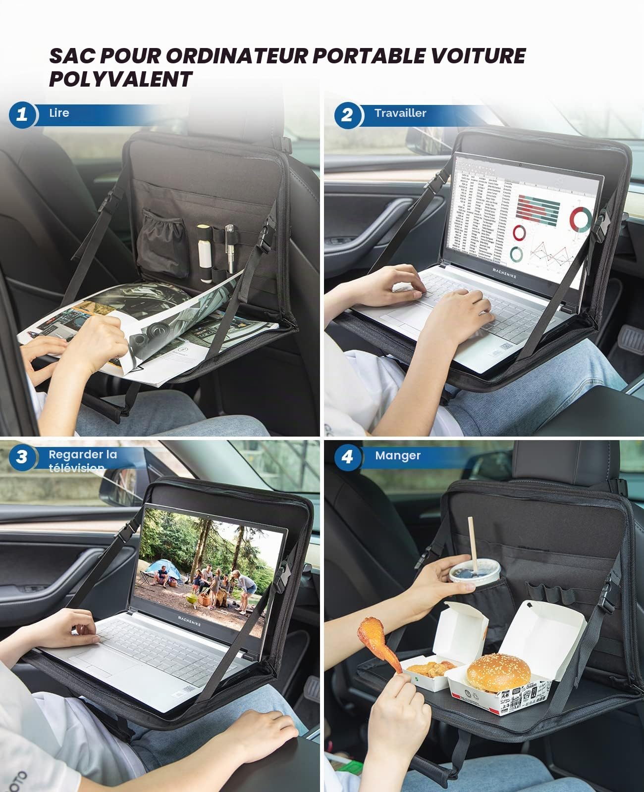 JOYTUTUS Table Voiture Plateau Repas Support Volant 3 en 1 avec Porte Gobelet Voiture, Plateau Voiture Multifonctionnel pour Travail Repas Organisateur Voiture Sac de Bureau pour Enfants Navetteurs