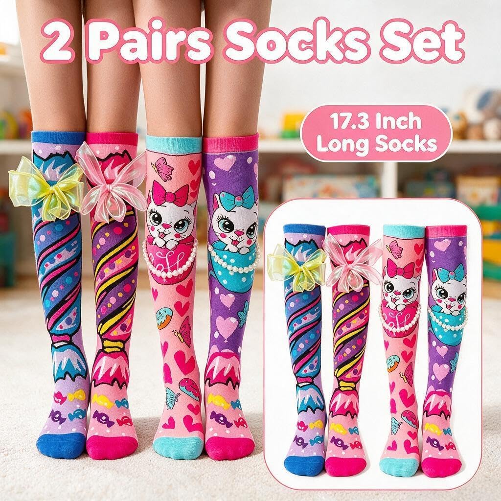 2 Pairs Crazy Socks For Kids Girls Knee High 3D Mismatched Novelty Socks