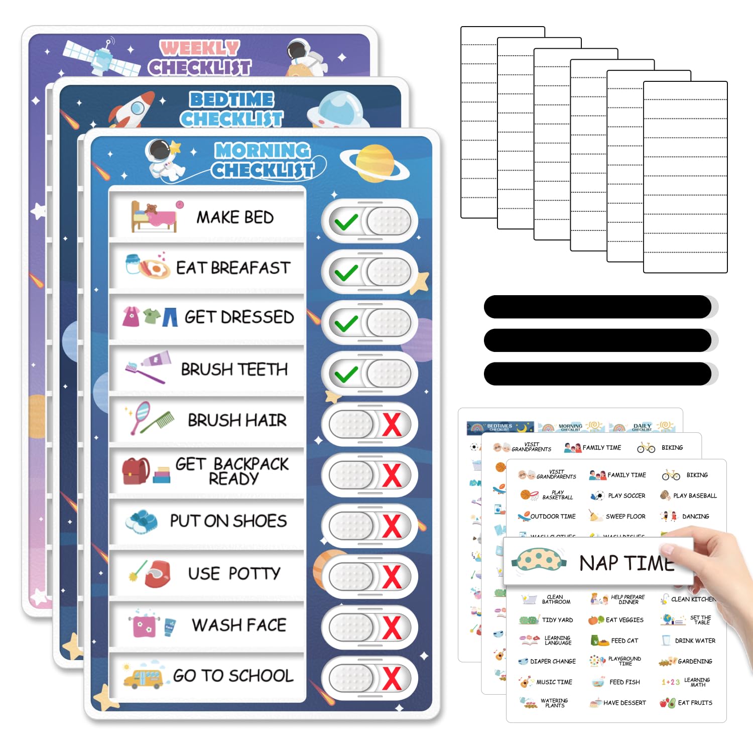 3 in 1 Bedtime/Morning/Weekly Astronaut Routine Chart for Kids, Magnetic Chore Chart for Toddlers, Visual Schedule for Kids Toddlers Schedule Board for Home