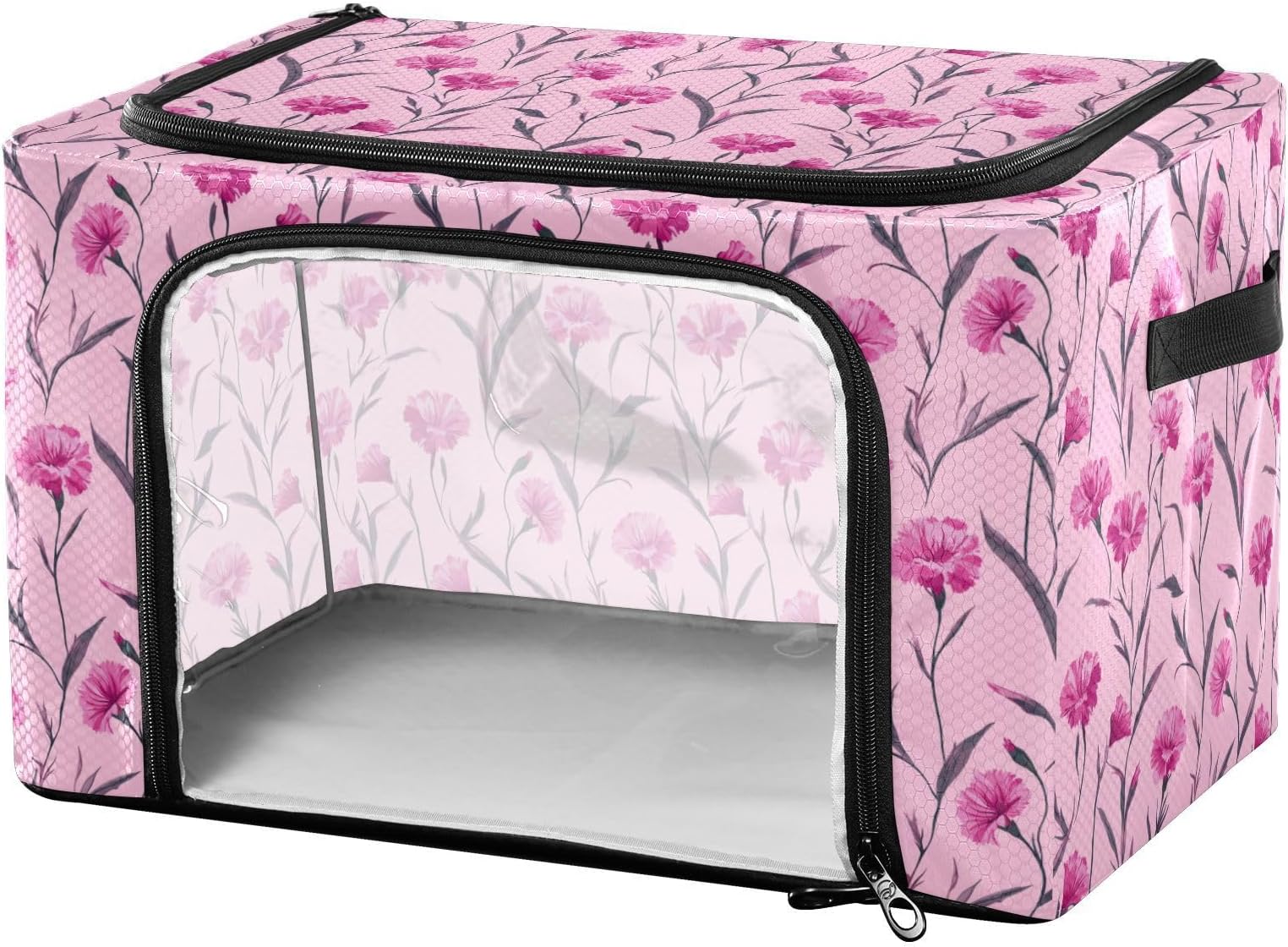 Rustic Pink Flower Underbed Clothes Storage Clear Window Collapsible Bins with Lids 2 Openings Shelf Organizer Bin Metal Supports