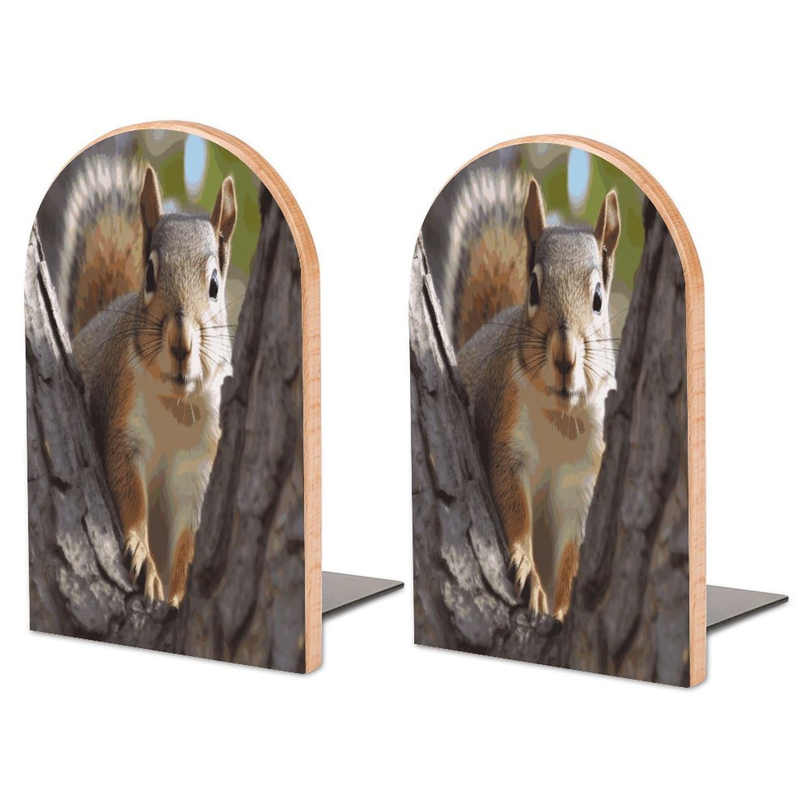 Large Squirrel in The Tree Book End with Metal Base Fashion Heavy Duty Bookend Exquisite Wooden Bookends Non-Skid Book Stopper for Shelves Books Organizer for Office Home 1 Pair
