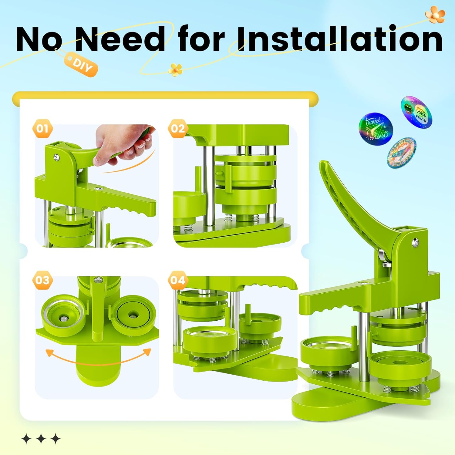 Button Maker Machine 2.25'', Pin Maker Button Press Machine W/100 Holographic Film Pinbacks,10 Fridge Magnet Badge, 5 Badge Pendant, DIY Kit for Christmas Party School(Green, 2.25'')