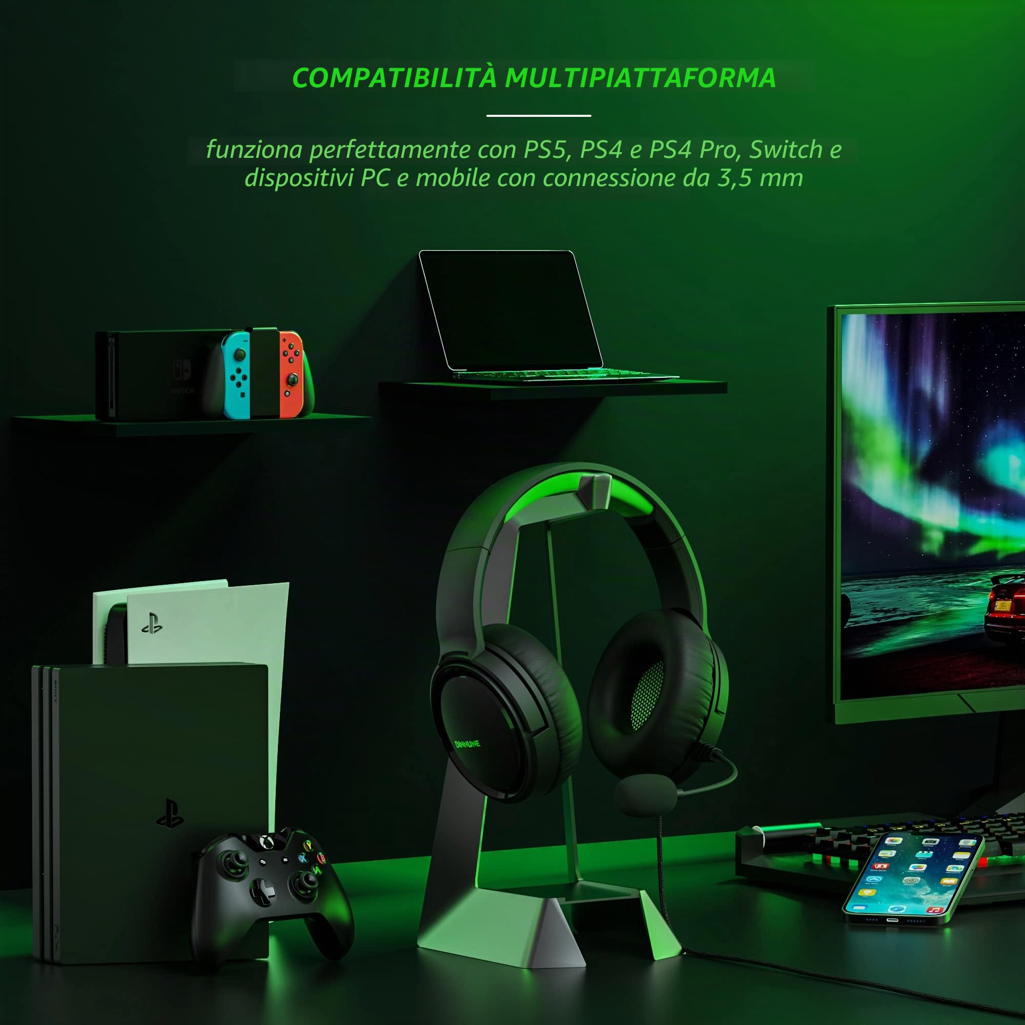 BINNUNE BG02 Cuffie Gaming per PS5, PS4, PC, Xbox, Nintendo Switch, Microfono, Audio Stereo, con Cancellazione Del Rumore con Filo - Verde
