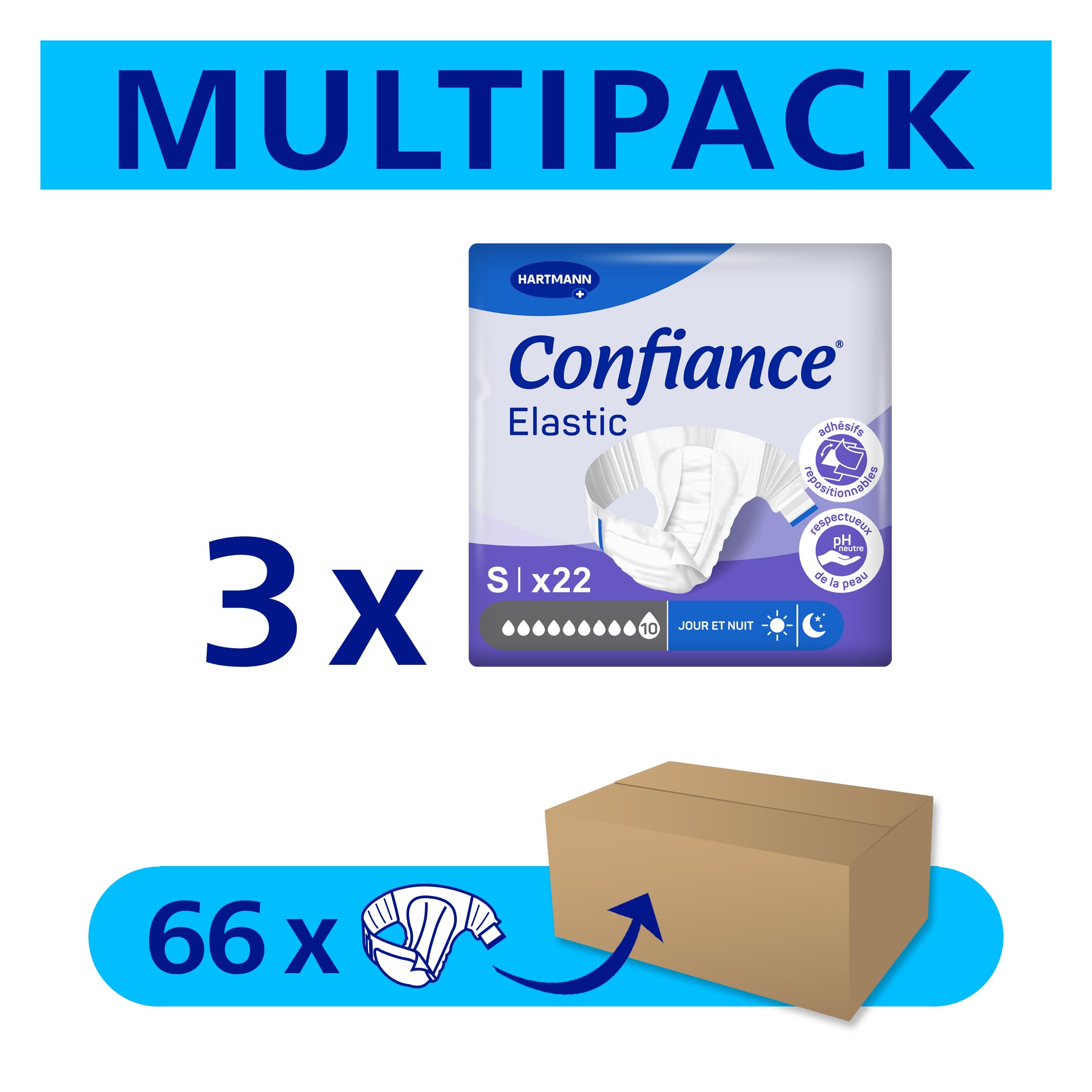 Confiance Elastic – Cambios completos para hombres y mujeres – Nivel de absorción = 10 gotas (fugas urinarias importantes) – pH neutro a la piel – Material suave – Talla S – 3x22 Unidades | 3 x 22 unidades, protecciones para fugas de orina significativas,