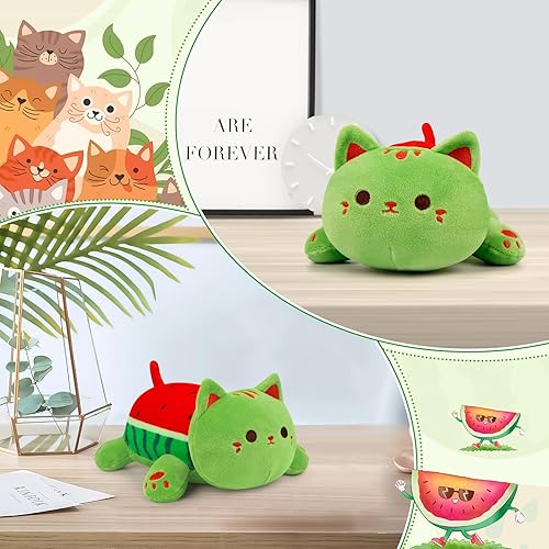 Miniatura 5 de Bekrgwiy Animales de peluche de gato de sandía, peluche de gato de sandía de 4 pulgadas, lindo muñeco de peluche de gato, peluche de sandía, regalo