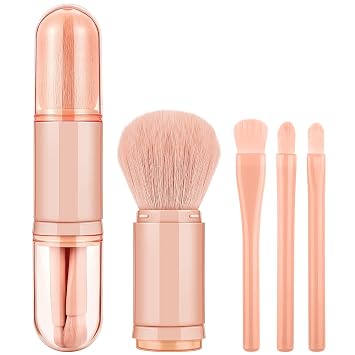 Travel Makeup Brush Set with case, 4 in 1 Mini Cute Makeup Brush Retractable Professional Foundation Blending Powder Eye Shadow Brush for Women Facial Cosmetics Makeup Brush SetApricot