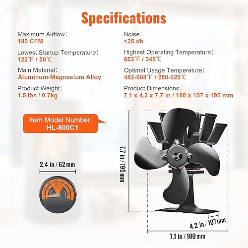 Miniatura 7 de Ventilador de estufa de leña alimentado por calor, ventiladores de chimenea silenciosos para quemador de maderaleñacalentador, 180 CFM máx. flujo de