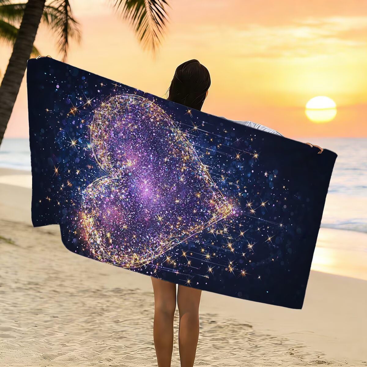 Strandtuch Mikrofaser Handtücher Groß 100x200cm 2er Set, Schnelltrocknend Saunahandtuch Fitness Handtuch Herz, Saugfähig Badetuch Sporthandtuch, Sandfrei Strandtuch XXL, Geschenke für Frauen -4198