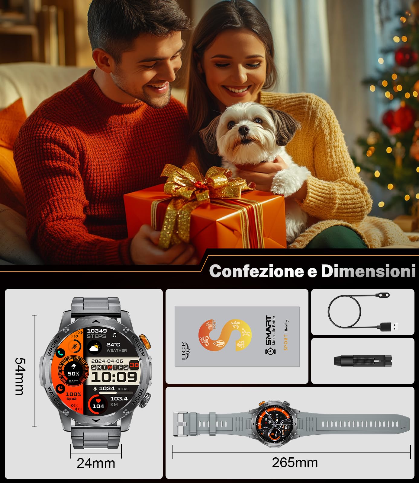 FITFLEX Smartwatch Uomo, Batteria 1000mAh, Schermo HD 1,75 Pollici, Design Militare, Chiamate Bluetooth, 130+Sports, Impermeabile IP68, Monitoraggio Cardio e Sonno Smart Watch, Android iOS, Nero