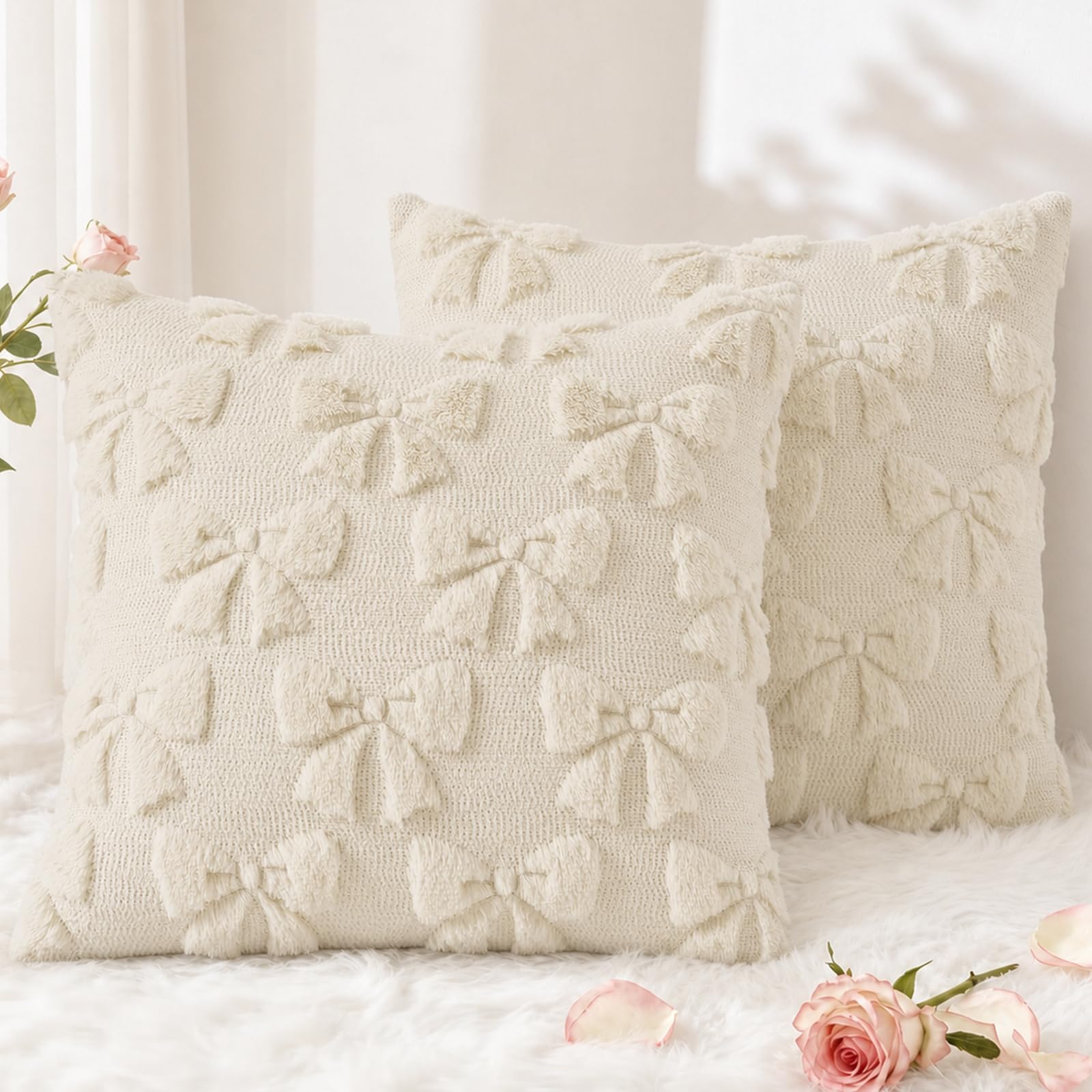 decorUhome Beige Bow Cute Girl Faux Fur Throw Pillow Covers 20x20 Set of 2