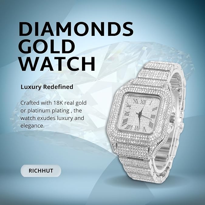Diamond Watch for Men Guys - Square Dial - Iced Out 20MM Wide Wristband 18k Real Gold/White Gold Platinum Plated, with Cuban Link Chain Set Optional, Gift for Boyfriend Husband