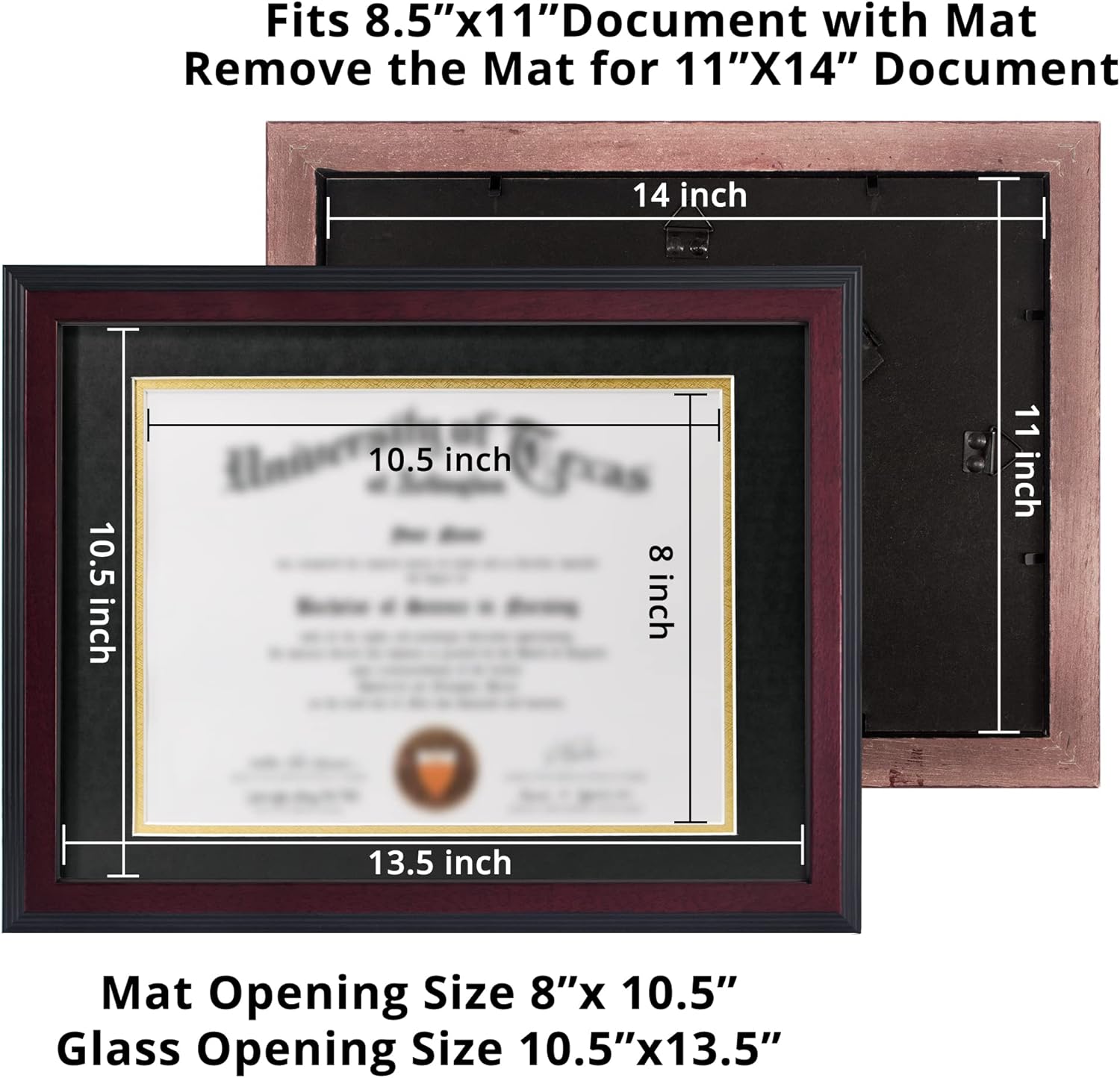 GMFrames Solid Wood Diploma Frame,Fits 8.5x11 Certificate with Mat or 11x14 Document without Mat,UV Protection Acrylic,Matte Mahogany Finish,Black Tapering Stepped Edge,2 Pack