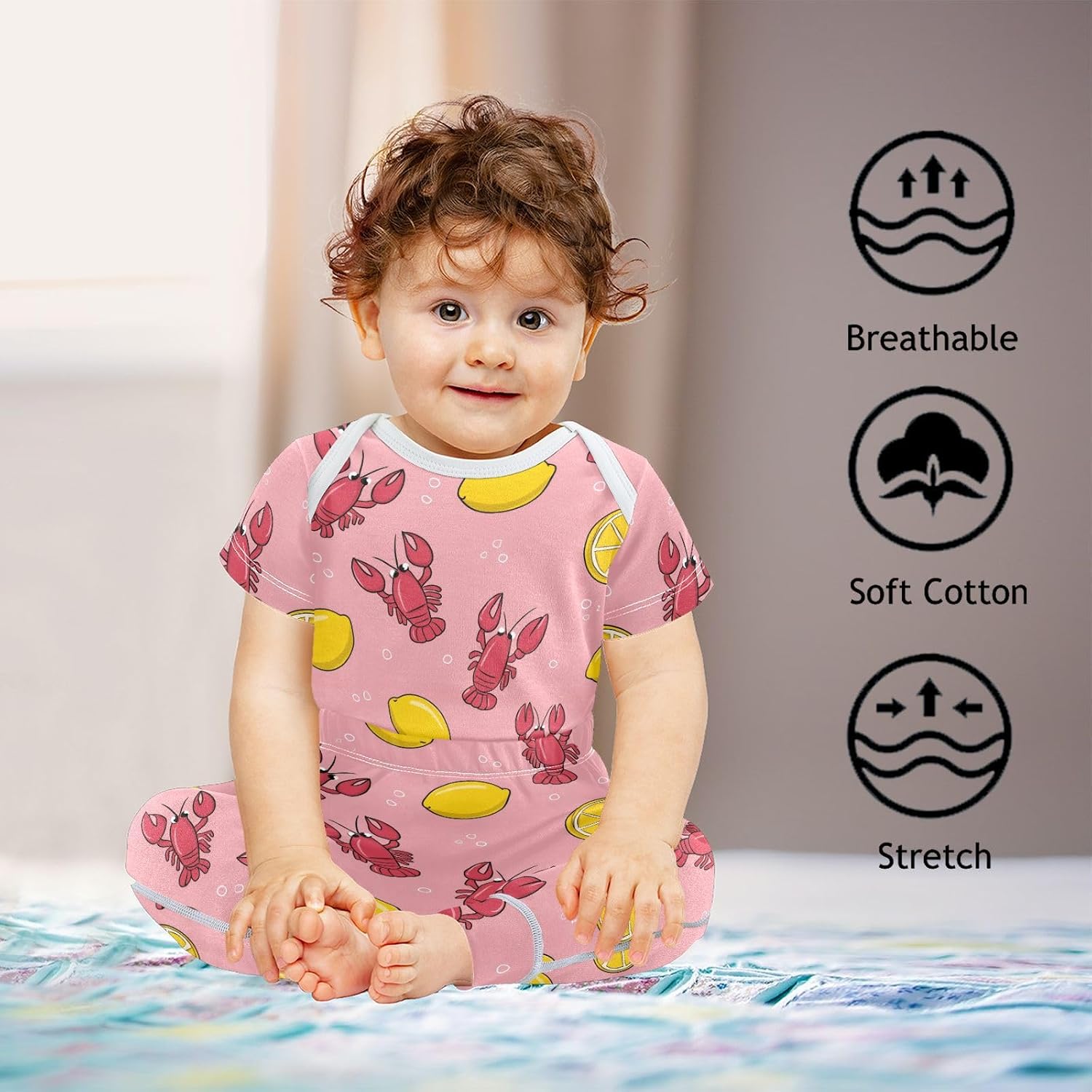 vvfelixl Baby Clothes Cute Lobster Lemon Baby Bodysuits Set Unisex Short Sleeve Babys Pants Sets 0-3M